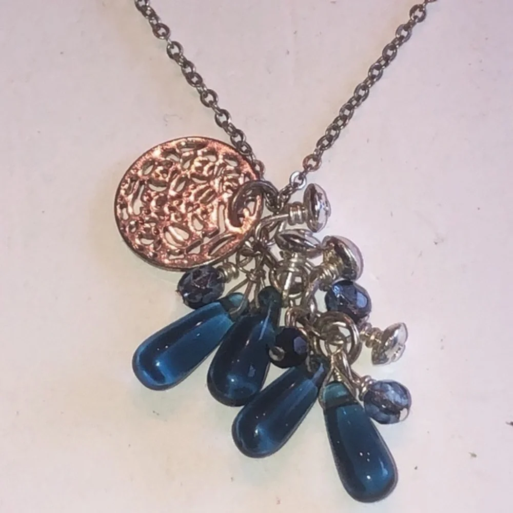 Silver Tone & Blue Beaded Dainty Boho Beads Pendant Necklace